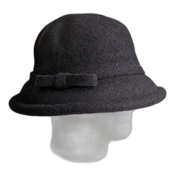 Cloche Hat Side Bow Black All Seasons - 100% Wool - Fall Style Evening Dress Up - Picture 2 of 10
